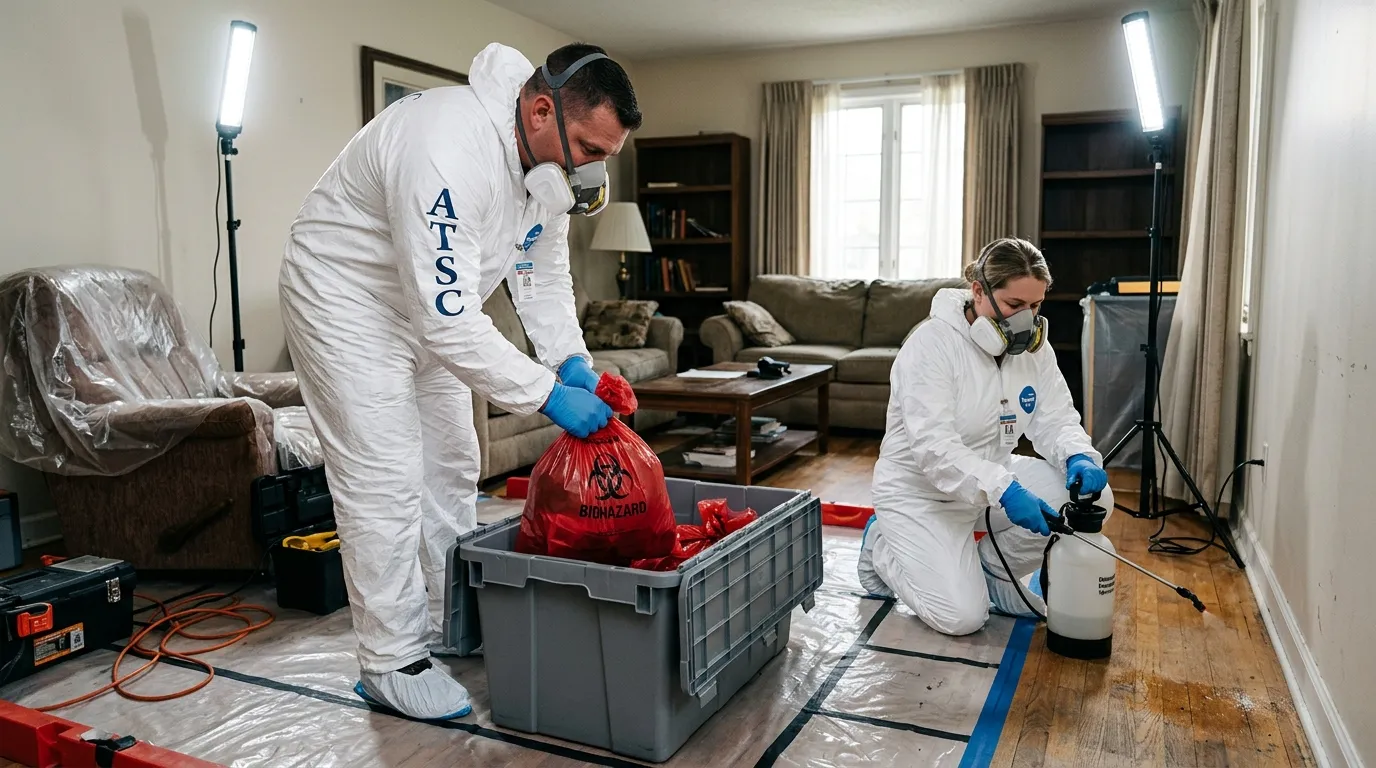 Professional Biohazard Cleanup technician in full PPE working in Paramus